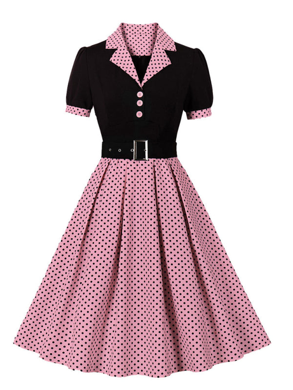 Polka Dot Lapel Belted Midi Dress – Short Sleeve, Slim Fit, Spring Style