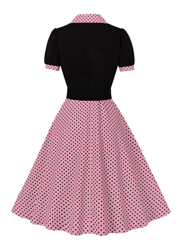 Polka Dot Lapel Belted Midi Dress – Short Sleeve, Slim Fit, Spring Style