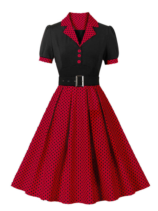Polka Dot Lapel Belted Midi Dress – Short Sleeve, Slim Fit, Spring Style