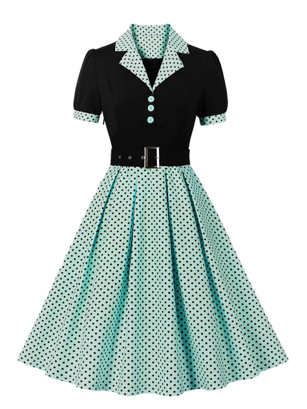 Polka Dot Lapel Belted Midi Dress – Short Sleeve, Slim Fit, Spring Style
