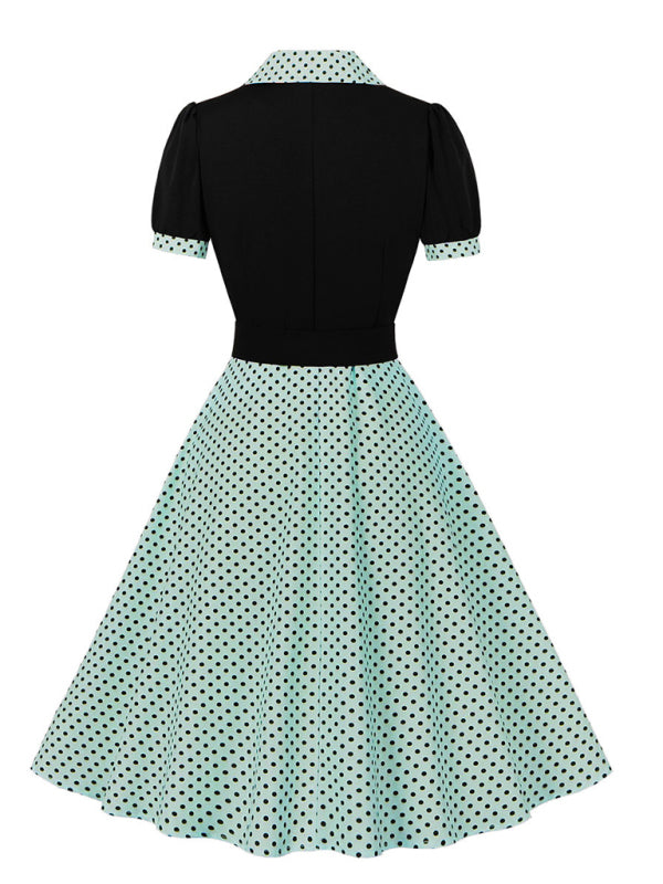Polka Dot Lapel Belted Midi Dress – Short Sleeve, Slim Fit, Spring Style