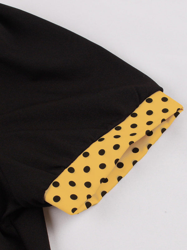 Polka Dot Lapel Belted Midi Dress – Short Sleeve, Slim Fit, Spring Style