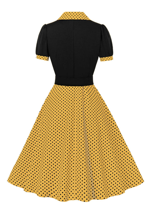 Polka Dot Lapel Belted Midi Dress – Short Sleeve, Slim Fit, Spring Style