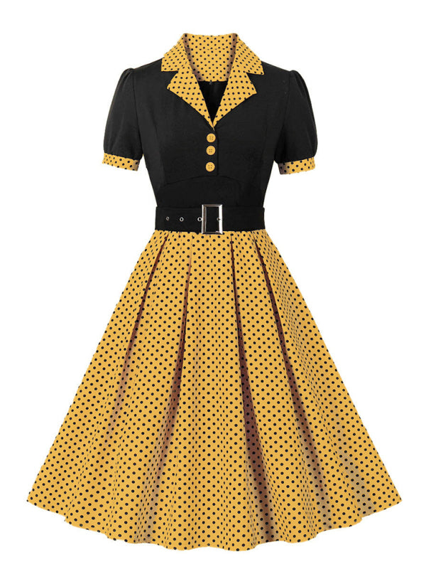 Polka Dot Lapel Belted Midi Dress – Short Sleeve, Slim Fit, Spring Style