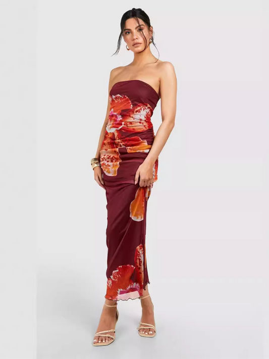 Floral Mesh Pleated Tube Dress – Sleeveless, Bodycon Fit in Brick Red