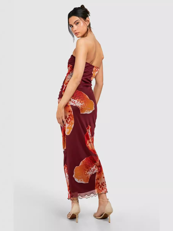 Floral Mesh Pleated Tube Dress – Sleeveless, Bodycon Fit in Brick Red