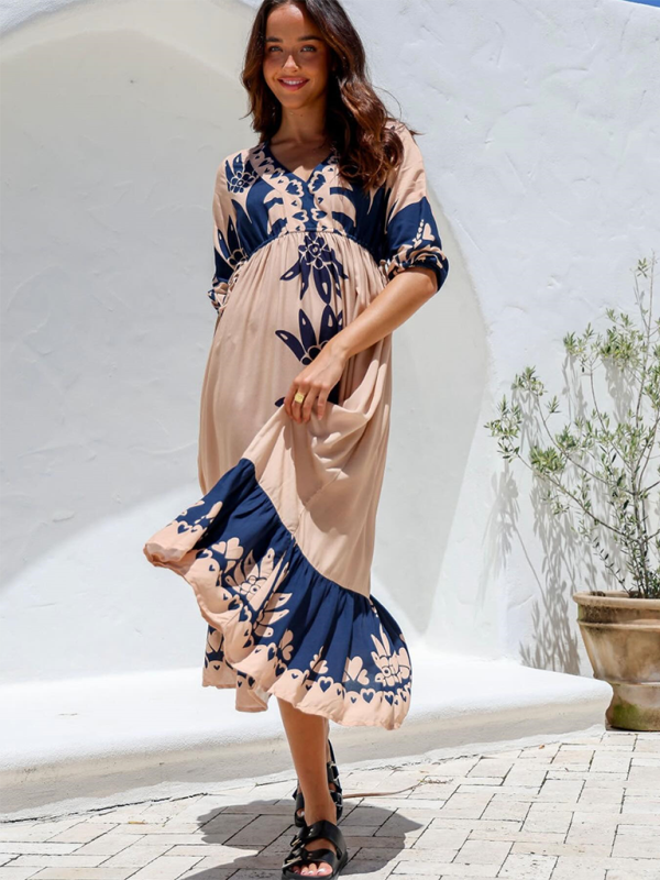 Printed V-neck Midi Dress - Half Sleeve Drawstring Waist, Casual Fit
