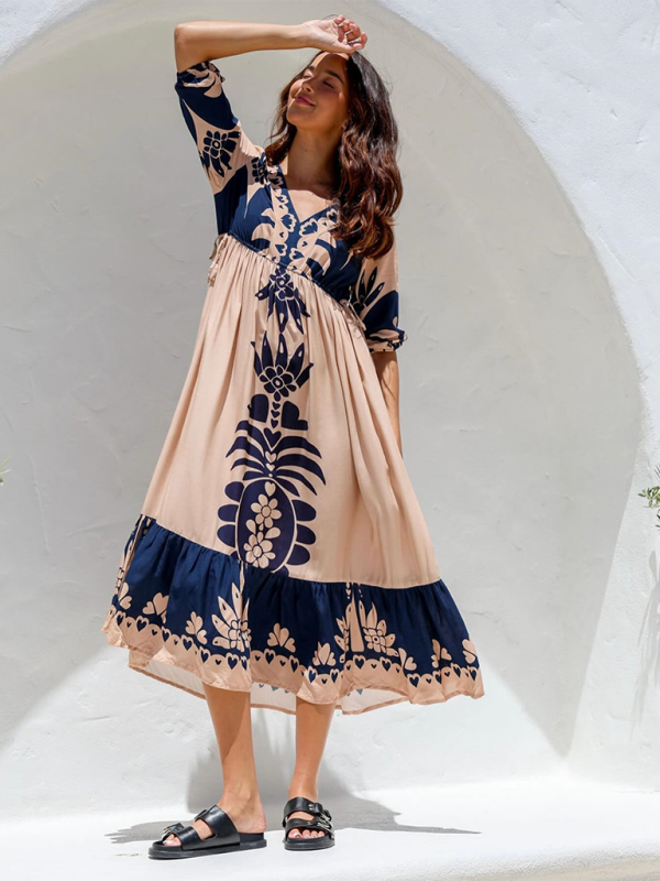 Printed V-neck Midi Dress - Half Sleeve Drawstring Waist, Casual Fit