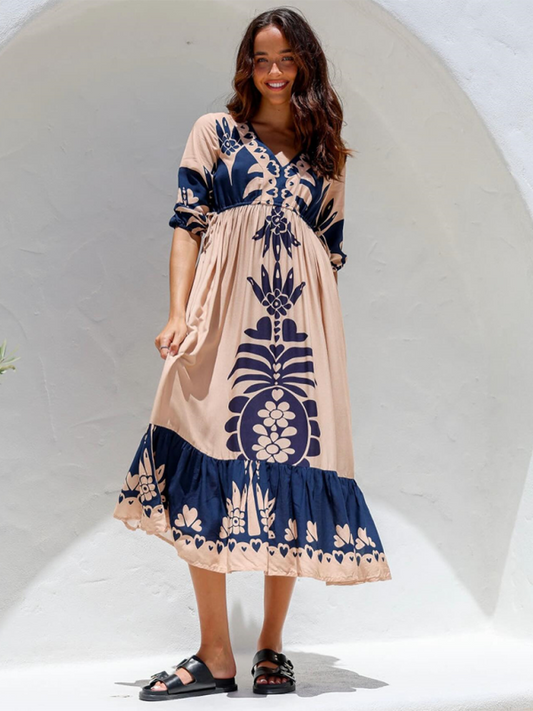 Printed V-neck Midi Dress - Half Sleeve Drawstring Waist, Casual Fit