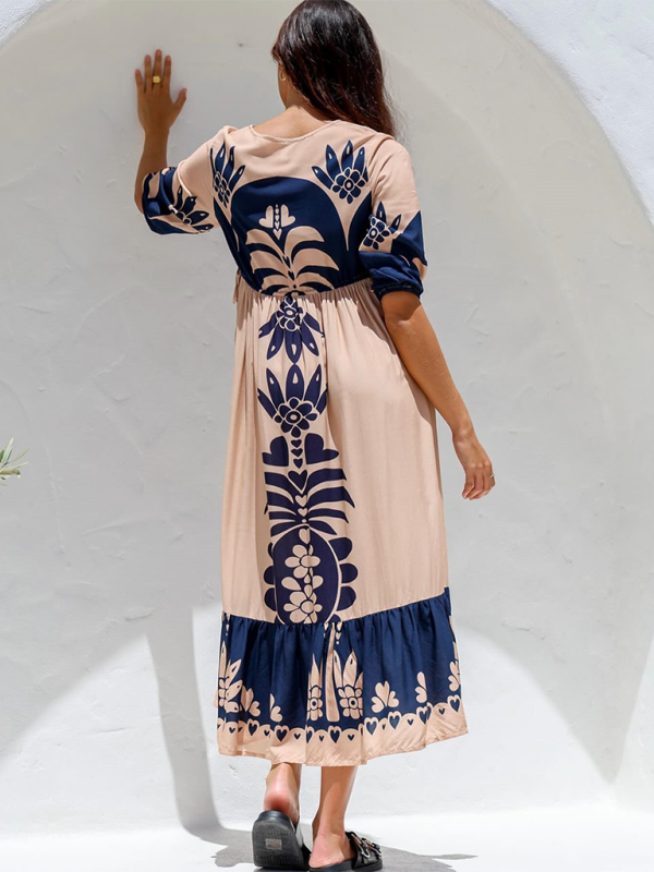 Printed V-neck Midi Dress - Half Sleeve Drawstring Waist, Casual Fit