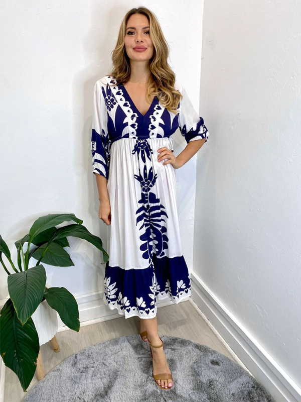Printed V-neck Midi Dress - Half Sleeve Drawstring Waist, Casual Fit