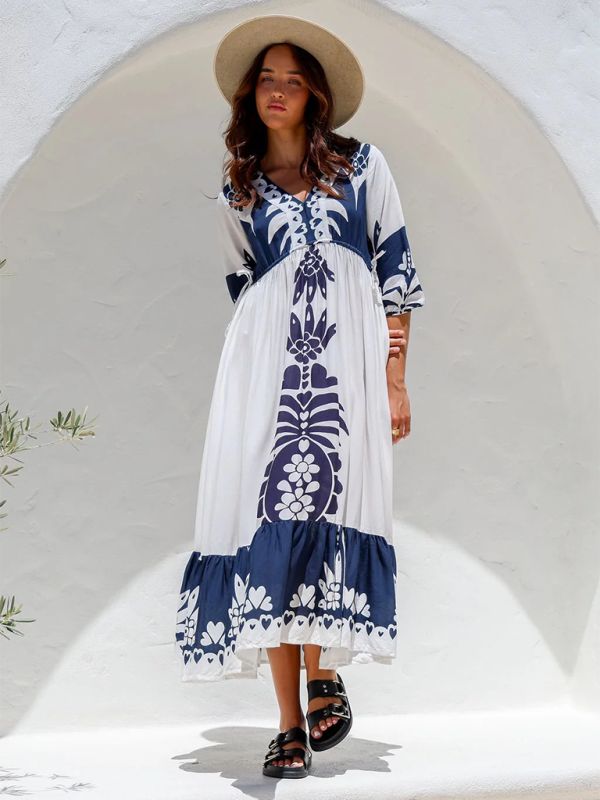Printed V-neck Midi Dress - Half Sleeve Drawstring Waist, Casual Fit
