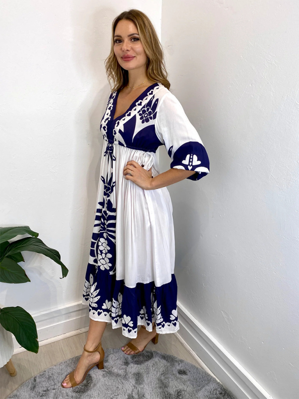Printed V-neck Midi Dress - Half Sleeve Drawstring Waist, Casual Fit