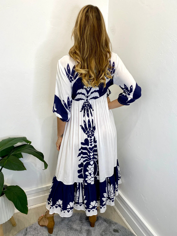 Printed V-neck Midi Dress - Half Sleeve Drawstring Waist, Casual Fit