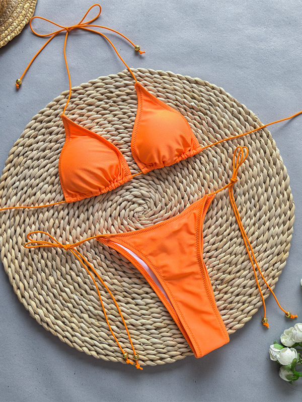 Solid Color Two-Piece Bikini Set – Sexy Knit Nylon with Moderate Stretch