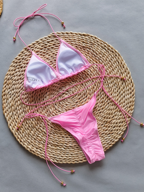 Solid Color Two-Piece Bikini Set – Sexy Knit Nylon with Moderate Stretch