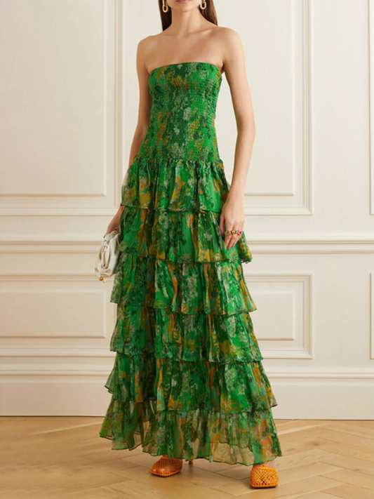 Romantic Tube Top Maxi Dress with Elastic Waist & Ruffled Hem – Green Floral