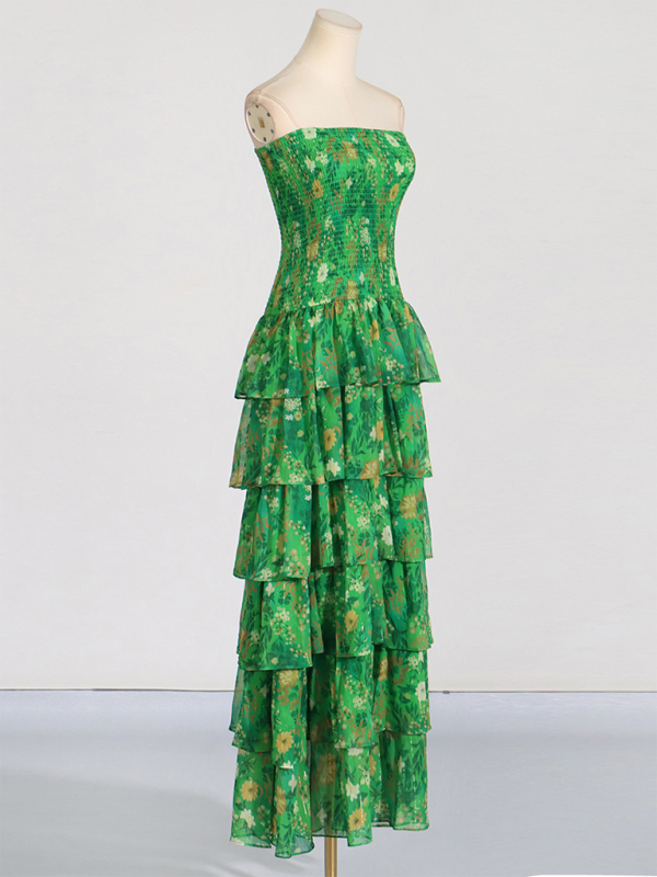 Romantic Tube Top Maxi Dress with Elastic Waist & Ruffled Hem – Green Floral