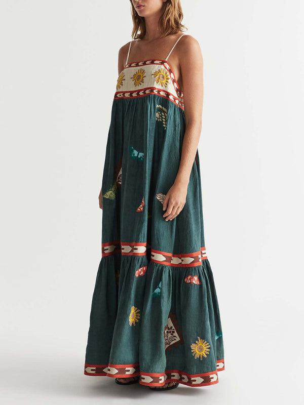 Printed Swing Vacation Dress – Adjustable Spaghetti Straps, Lightweight Woven Fabric