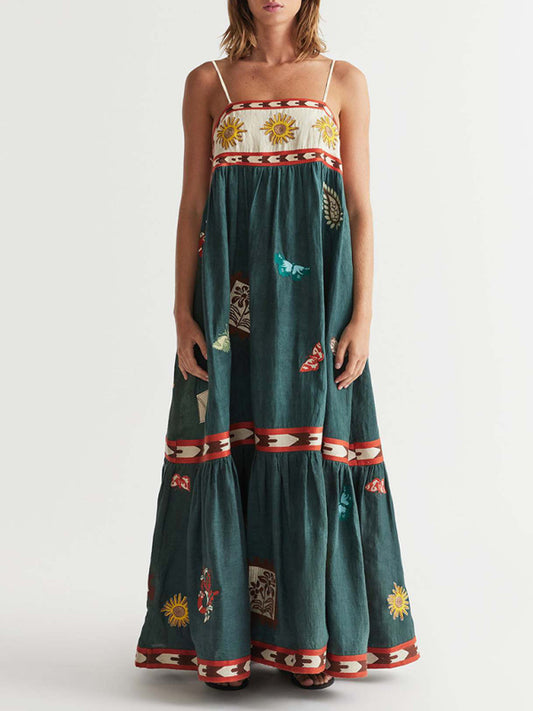 Printed Swing Vacation Dress – Adjustable Spaghetti Straps, Lightweight Woven Fabric