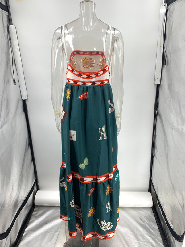 Printed Swing Vacation Dress – Adjustable Spaghetti Straps, Lightweight Woven Fabric