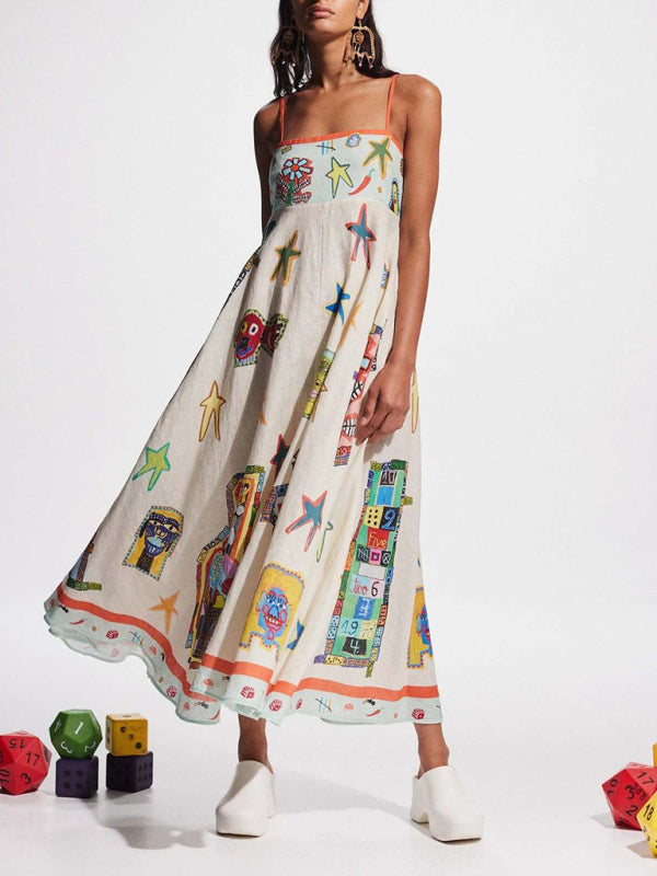Graffiti Print Swing Dress – Linen Blend, Spaghetti Straps, Summer Ready