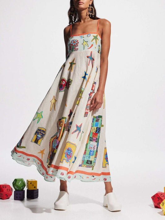 Graffiti Print Swing Dress – Linen Blend, Spaghetti Straps, Summer Ready