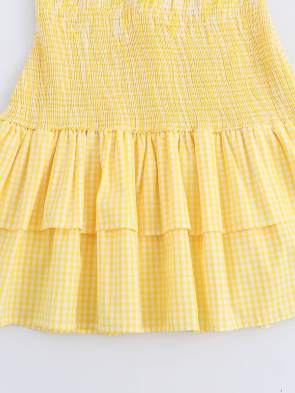 Yellow Plaid V-neck Mini Dress - Bow Tie Front, Spring-summer Casual Style