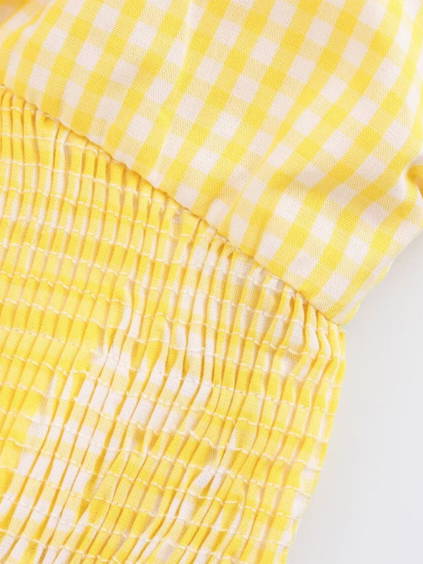 Yellow Plaid V-neck Mini Dress - Bow Tie Front, Spring-summer Casual Style