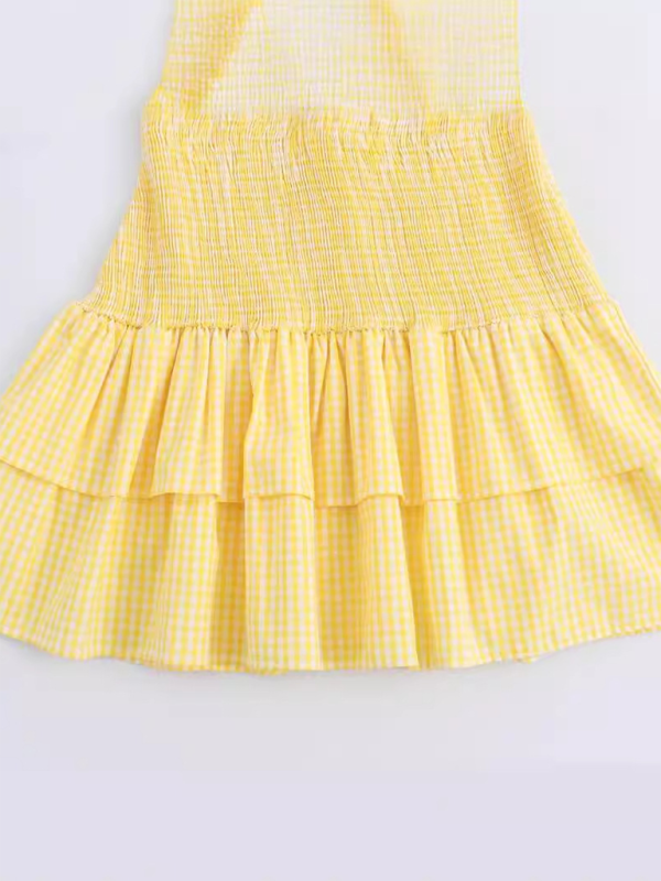 Yellow Plaid V-neck Mini Dress - Bow Tie Front, Spring-summer Casual Style