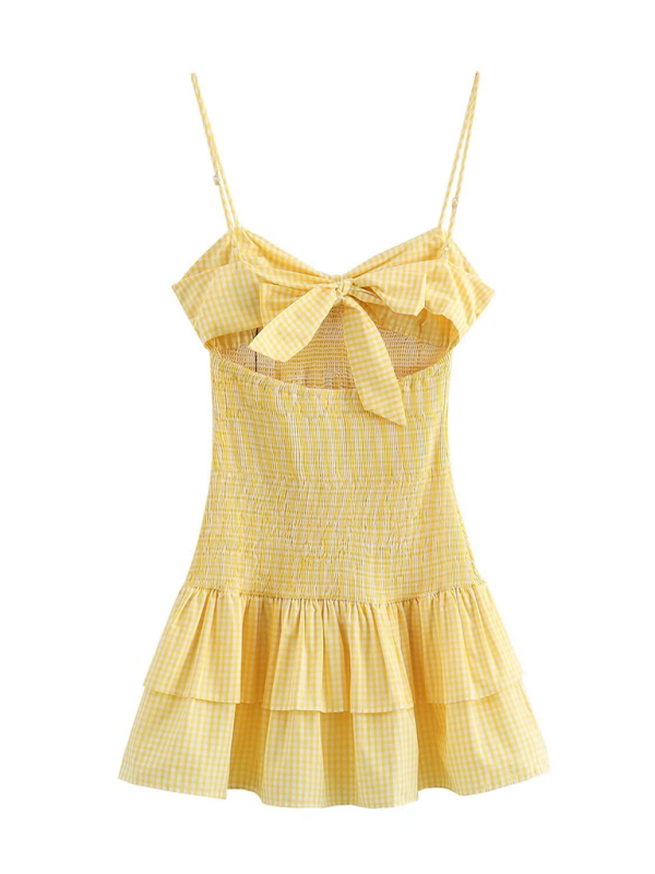 Yellow Plaid V-neck Mini Dress - Bow Tie Front, Spring-summer Casual Style