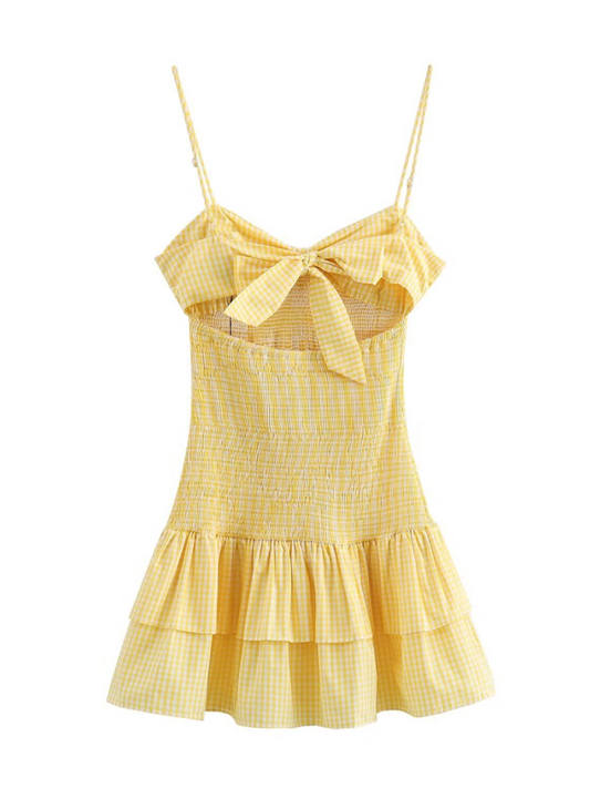 Yellow Plaid V-neck Mini Dress - Bow Tie Front, Spring-summer Casual Style