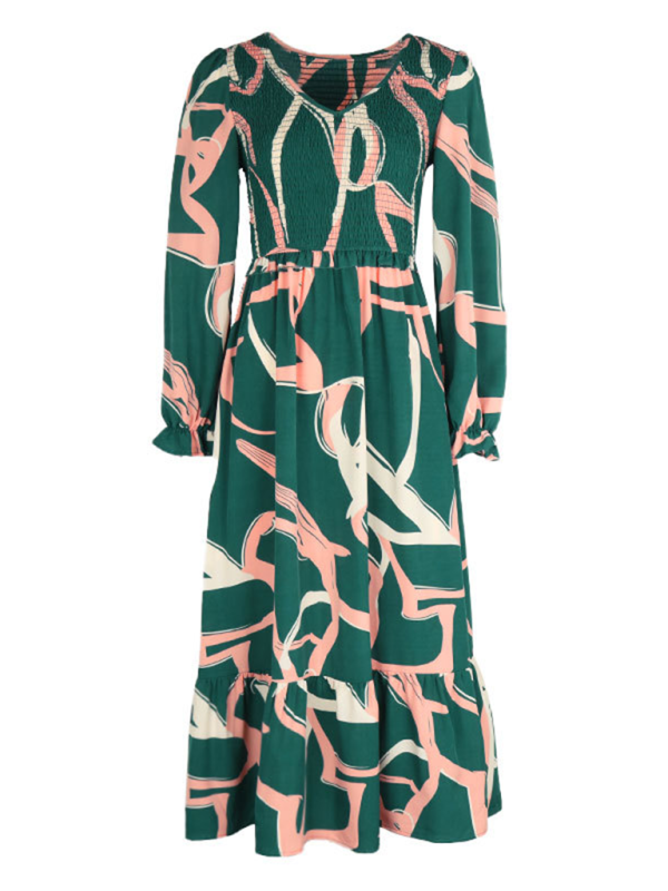 Graceful Printed Long Sleeve Midi Dress – V-Neck, Cracker Khaki