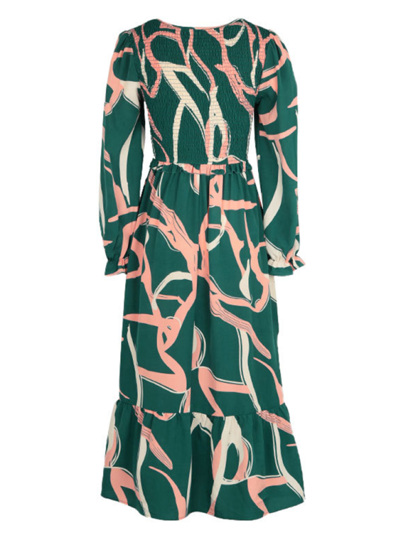 Graceful Printed Long Sleeve Midi Dress – V-Neck, Cracker Khaki