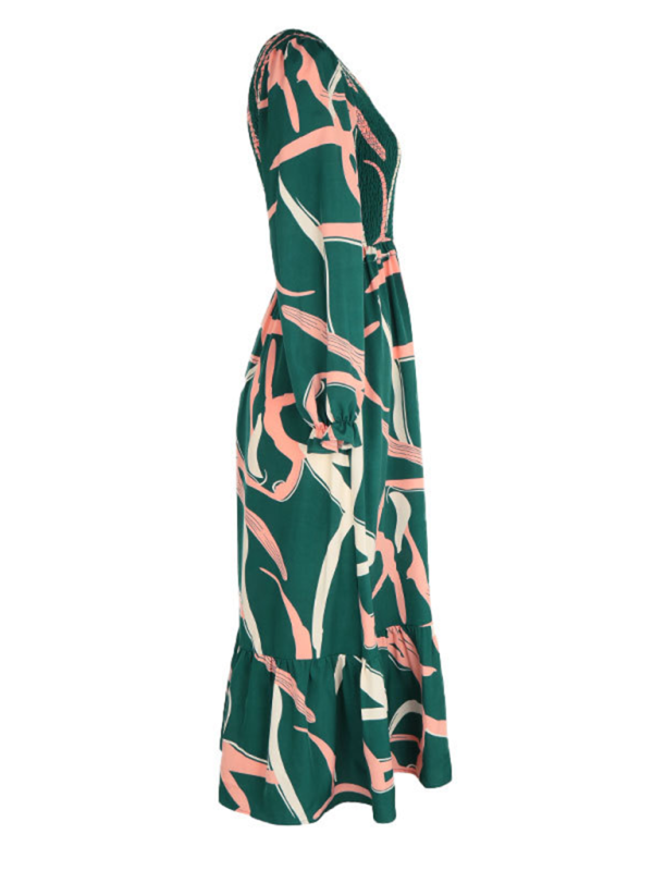 Graceful Printed Long Sleeve Midi Dress – V-Neck, Cracker Khaki