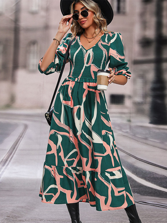 Graceful Printed Long Sleeve Midi Dress – V-Neck, Cracker Khaki