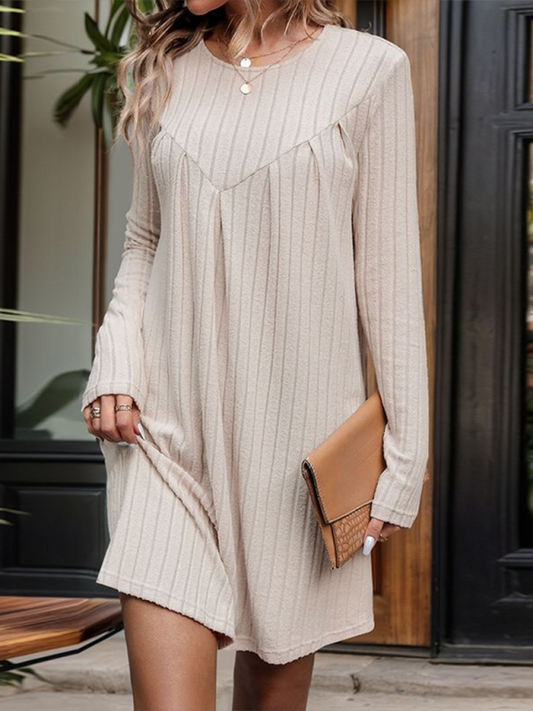 Knitted Striped Pleated Patchwork Dress – Long Sleeve Midi in Khaki