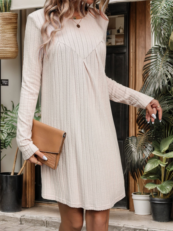 Knitted Striped Pleated Patchwork Dress – Long Sleeve Midi in Khaki