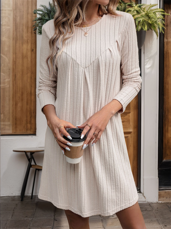 Knitted Striped Pleated Patchwork Dress – Long Sleeve Midi in Khaki