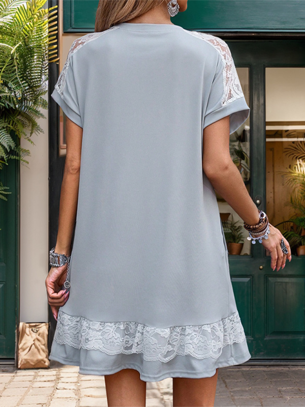 Lace Stitching Solid T-Shirt Dress – Misty Grey, Lightweight & Flattering Fit