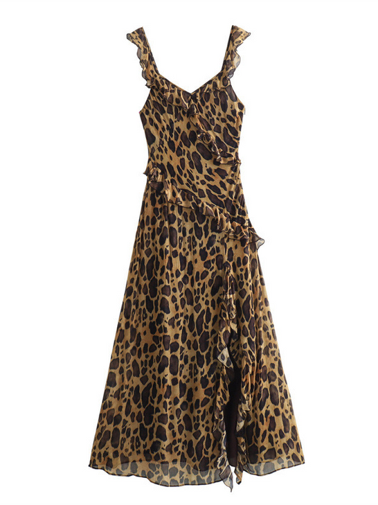 Ruffled Leopard Print A-Line Dress – Fitted Sling Style, Spring Summer Ready