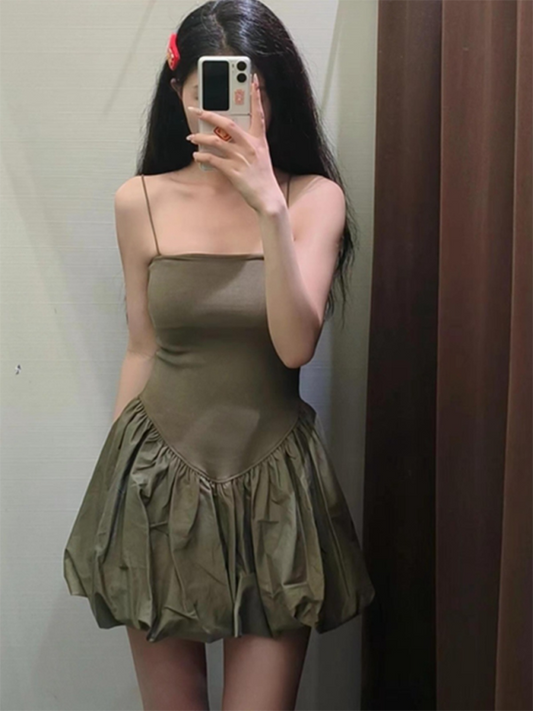 Sexy Spliced Puff Dress with Adjustable Straps – Spring Summer Knit Style