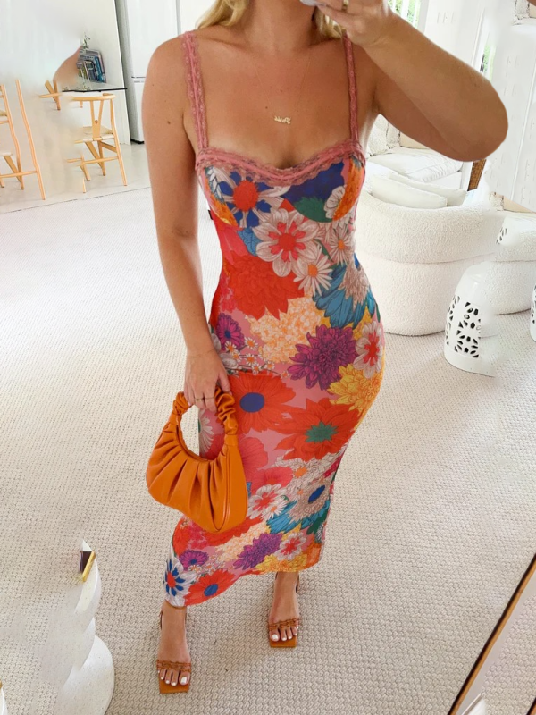 One-Shoulder Floral Maxi Dress – Sleeveless Vacation Sundress in Orange Red