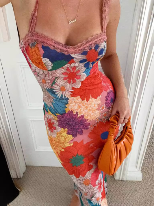 One-Shoulder Floral Maxi Dress – Sleeveless Vacation Sundress in Orange Red