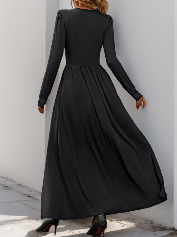Elegant Solid Color Slim Midi Dress with Front Slit – Autumn-Winter Style