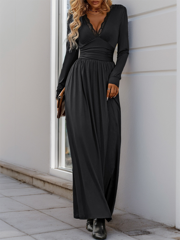 Elegant Solid Color Slim Midi Dress with Front Slit – Autumn-Winter Style