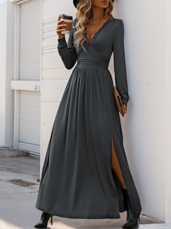 Elegant Solid Color Slim Midi Dress with Front Slit – Autumn-Winter Style