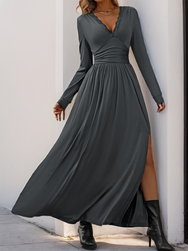 Elegant Solid Color Slim Midi Dress with Front Slit – Autumn-Winter Style