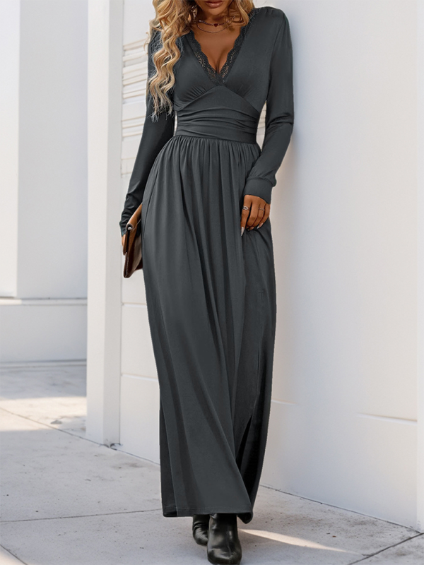 Elegant Solid Color Slim Midi Dress with Front Slit – Autumn-Winter Style