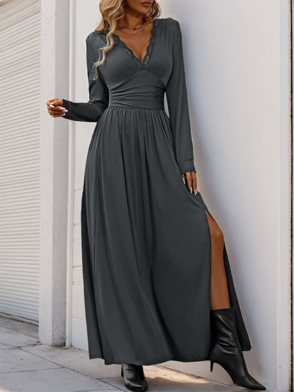 Elegant Solid Color Slim Midi Dress with Front Slit – Autumn-Winter Style